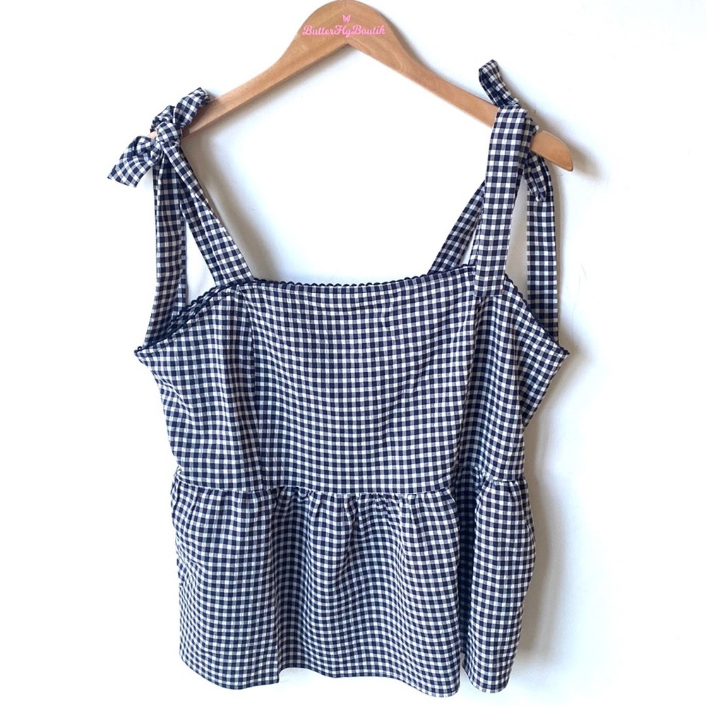 (B51) Skies are Blue Gingham tie shoulders Babydoll blue&white top, Size XL, NWT